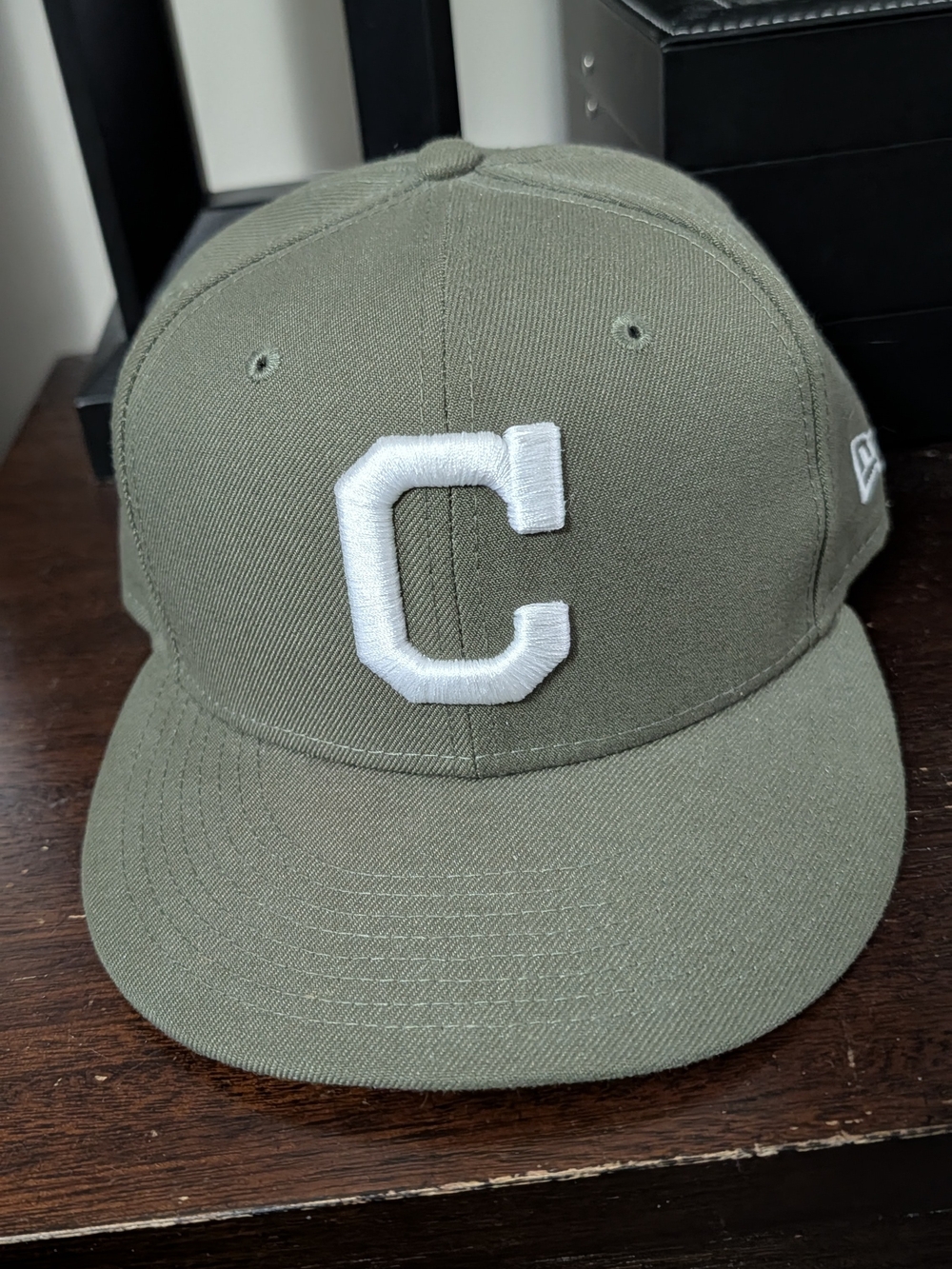 New Era Cleveland  Indians Olive Green Fitted Hat with White 'C' Logo Sz 7 1/8